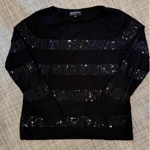 JONES NEW YORK COLLECTION Wool Blend Tonal Sequin Striped Sweater Black L Party